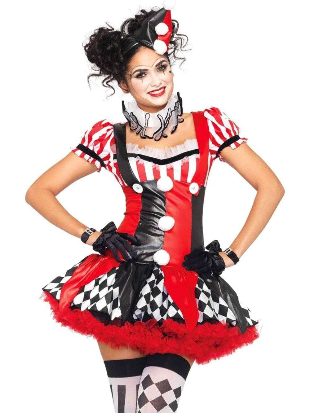 3-Pc Harlequin Clown Costume Set with Suspender Dress, Neck Piece & Hat